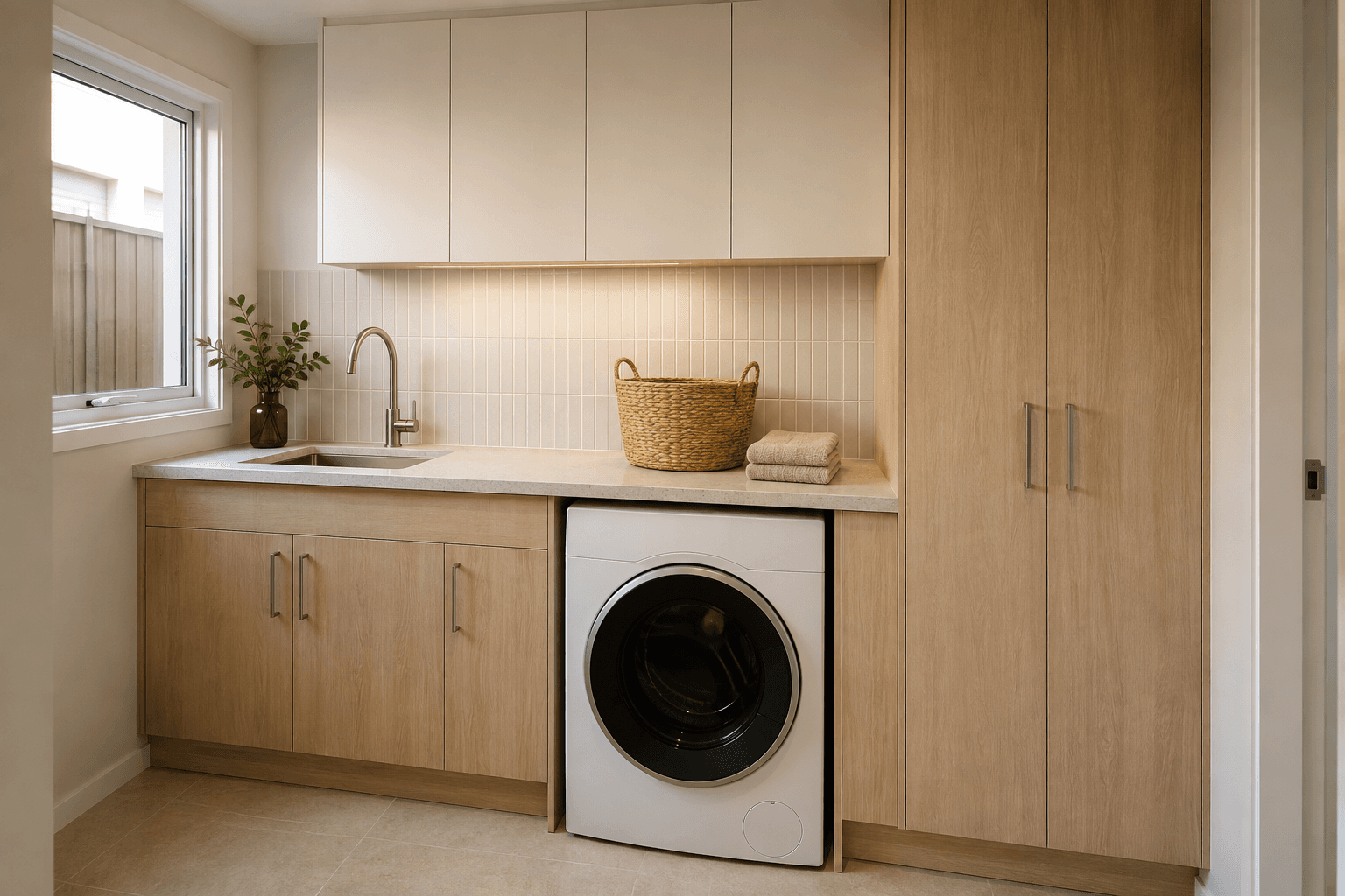 fitted laundry with pale oak cabinets, integrated storage and a calm neutral palette